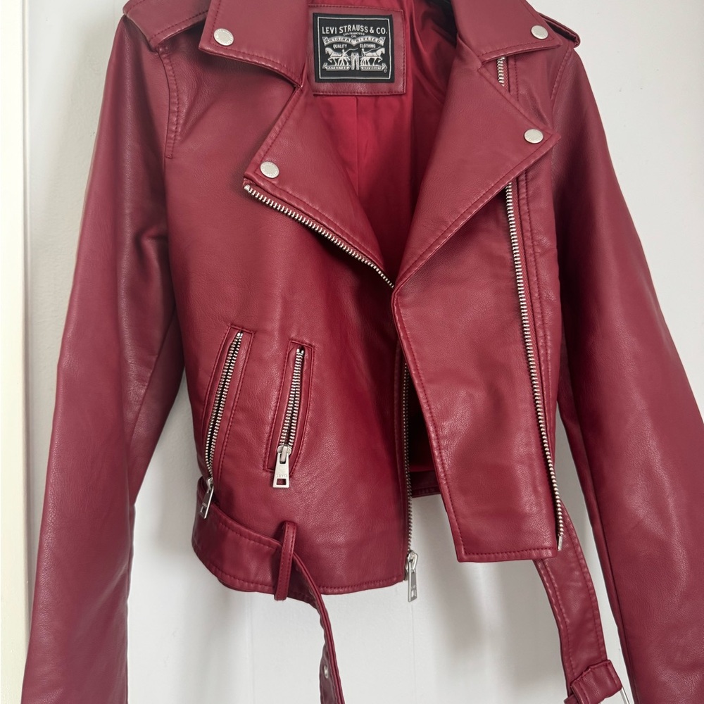 Levi's Red Leather Moto Jacket with Asymmetrical Zipper
